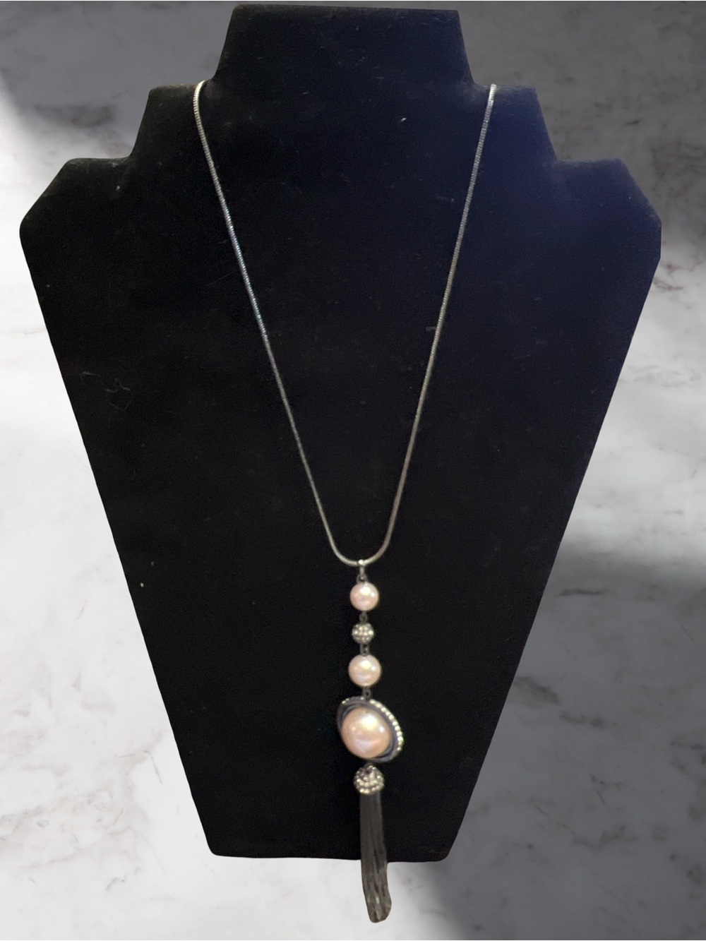 Simply Vera Wang  Pearl Rhinestone Gunmetal/Gray Tassel Necklace